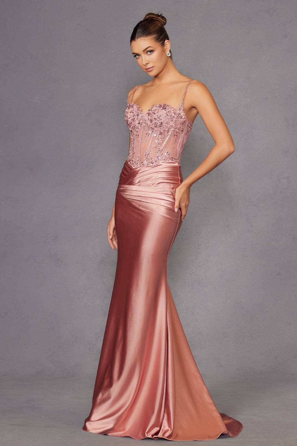 Rose gold satin prom gown with beaded sweetheart bodice and long mermaid-style skirt