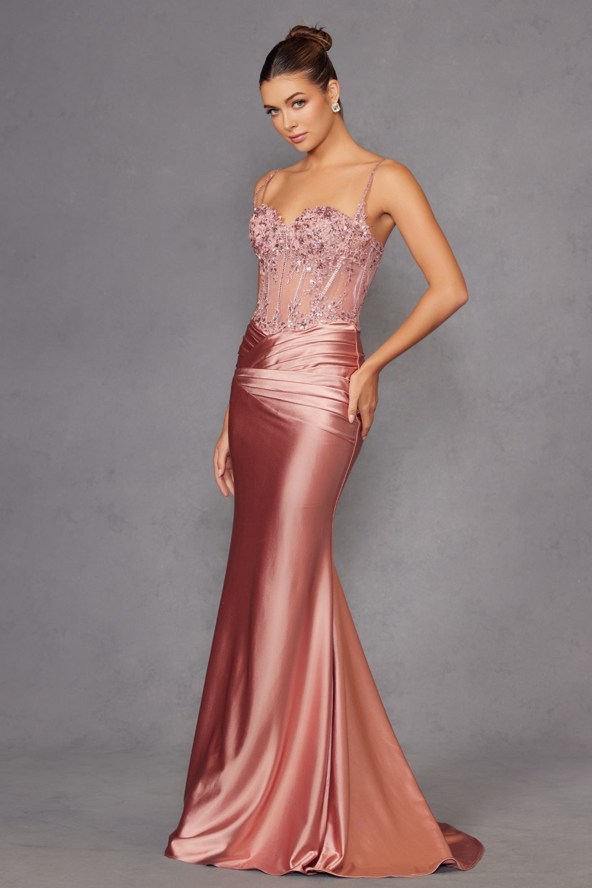 Rose gold satin prom gown with beaded sweetheart bodice and long mermaid-style skirt