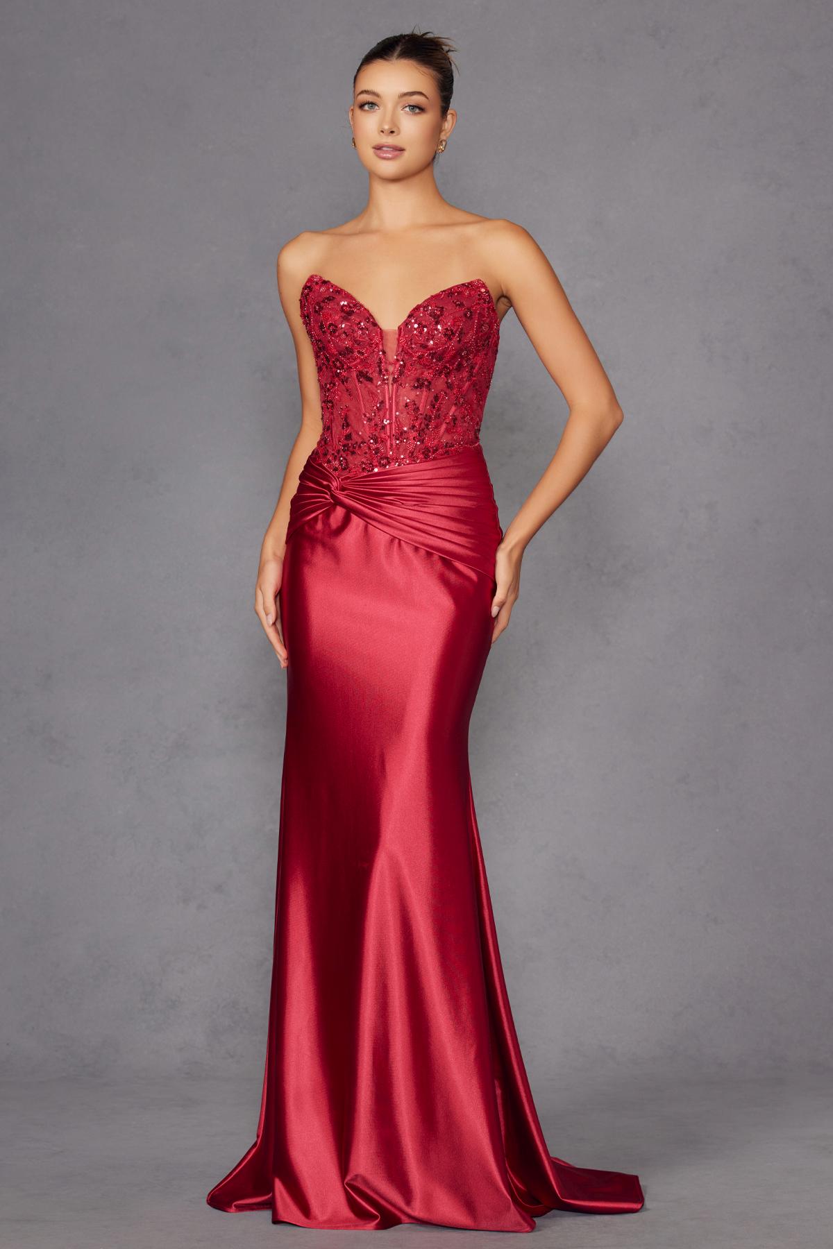 Strapless corset prom gown in dark red satin with sparkling sweetheart neckline