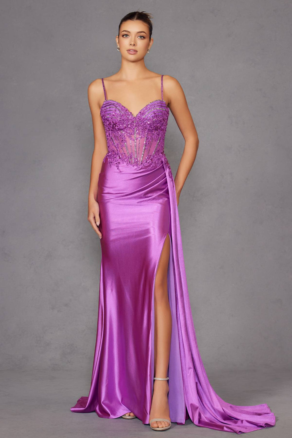 Magenta corset gown with sweetheart neckline, fitted waist, long skirt and side slit
