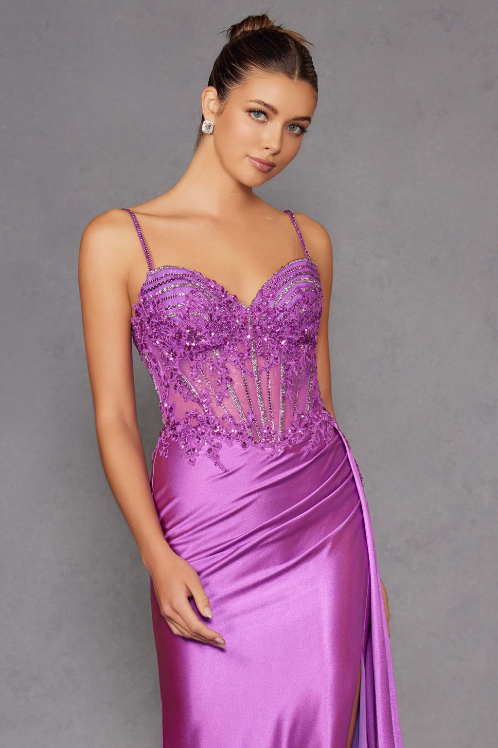 Magenta corset gown with sweetheart neckline, beaded bodice detail, satin skirt