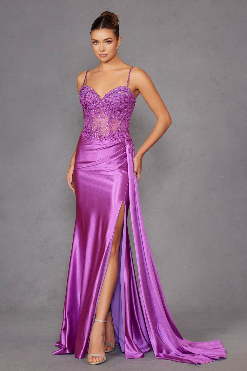 Magenta corset gown with sweetheart neckline, beaded bodice, long skirt and thigh slit