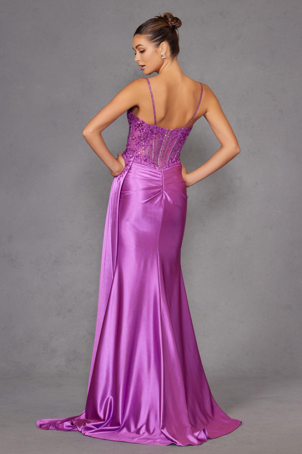 Back view magenta corset gown with thin straps, fitted bodice, long skirt