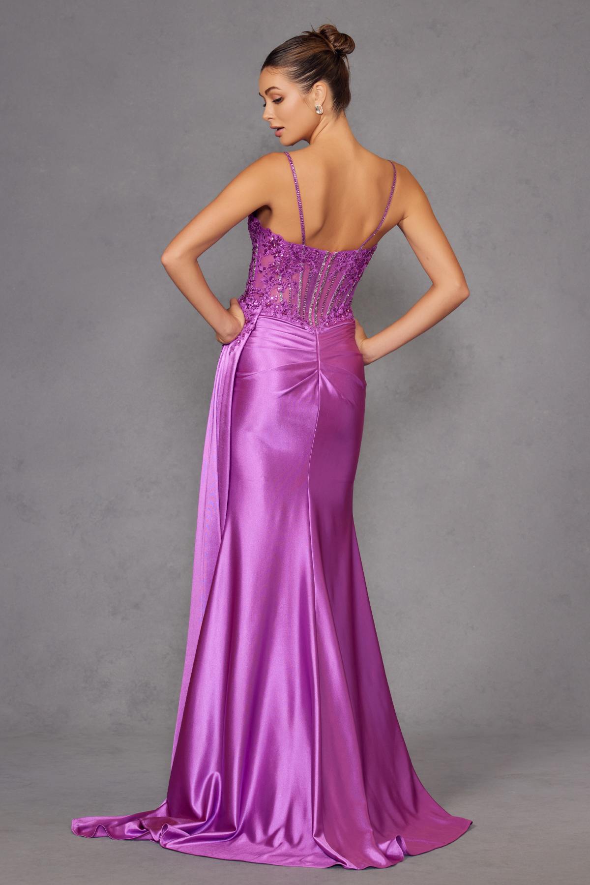 Back view magenta corset gown with thin straps, fitted bodice, long skirt