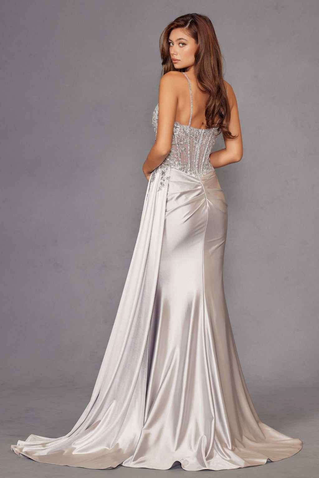 Silver corset gown with sweetheart neckline, fitted bodice, long skirt, side slit