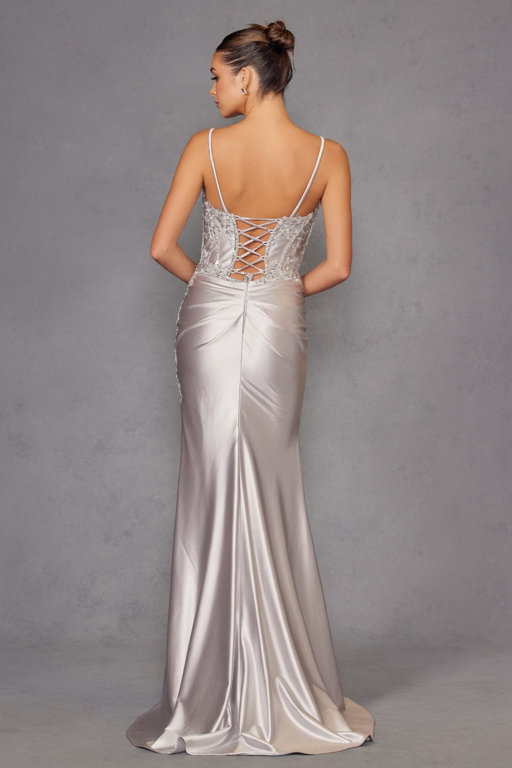 Back view satin prom gown, silver, crisscross corset straps, fitted column