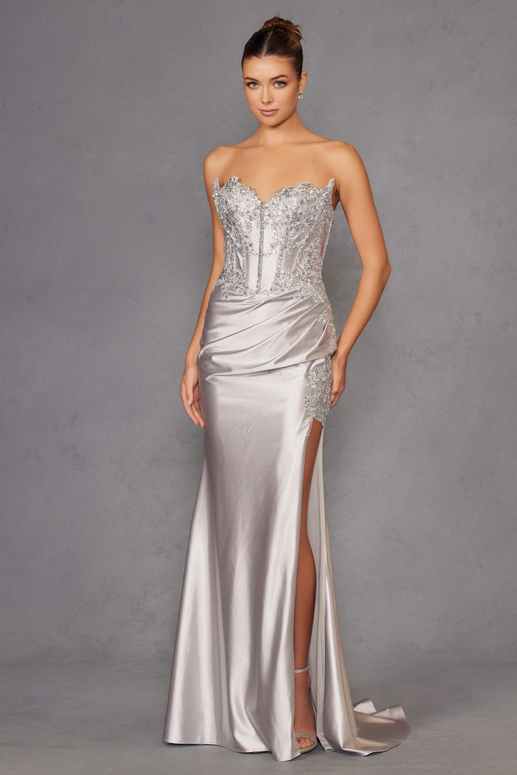 Strapless sweetheart satin prom gown, silver, lace corset bodice and long train