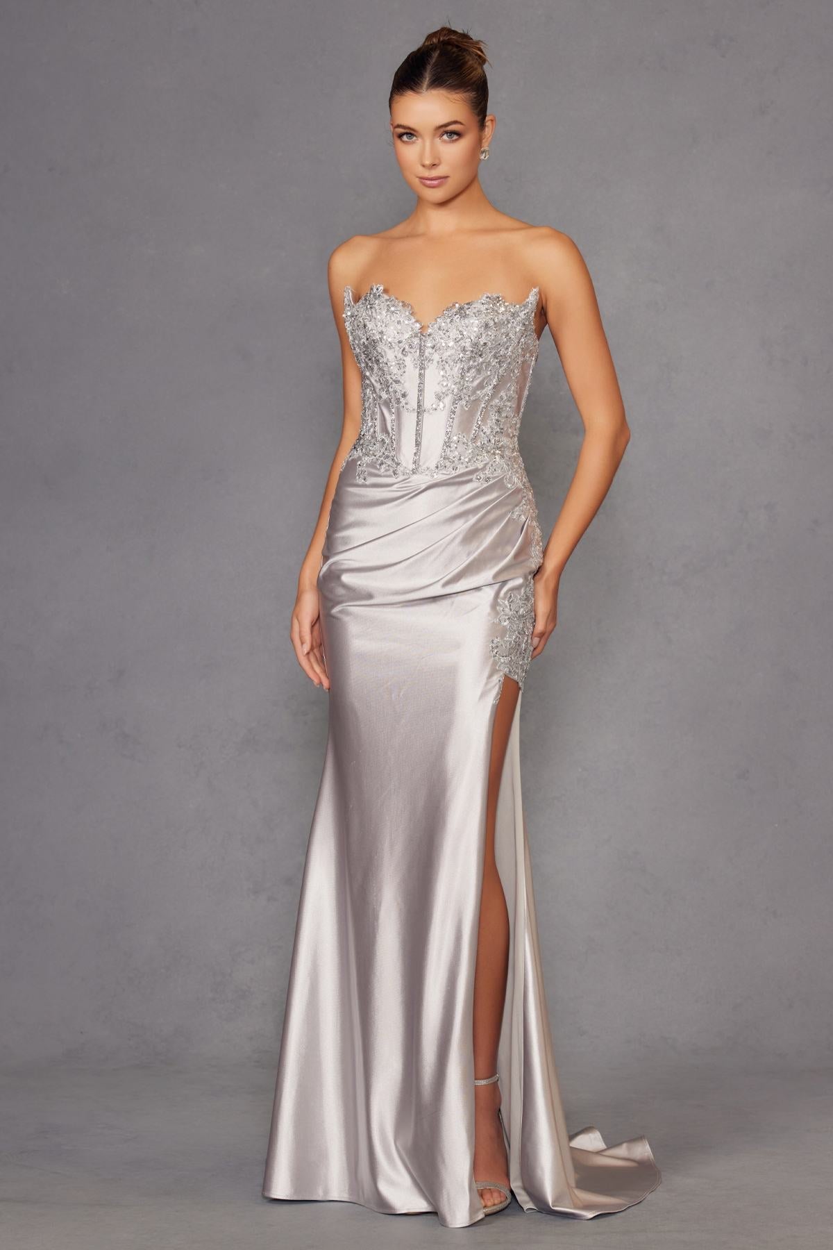 Strapless sweetheart satin prom gown, silver, lace corset bodice and long train