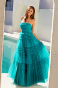 Jade strapless layered tulle A-line gown with tiered ruffle skirt