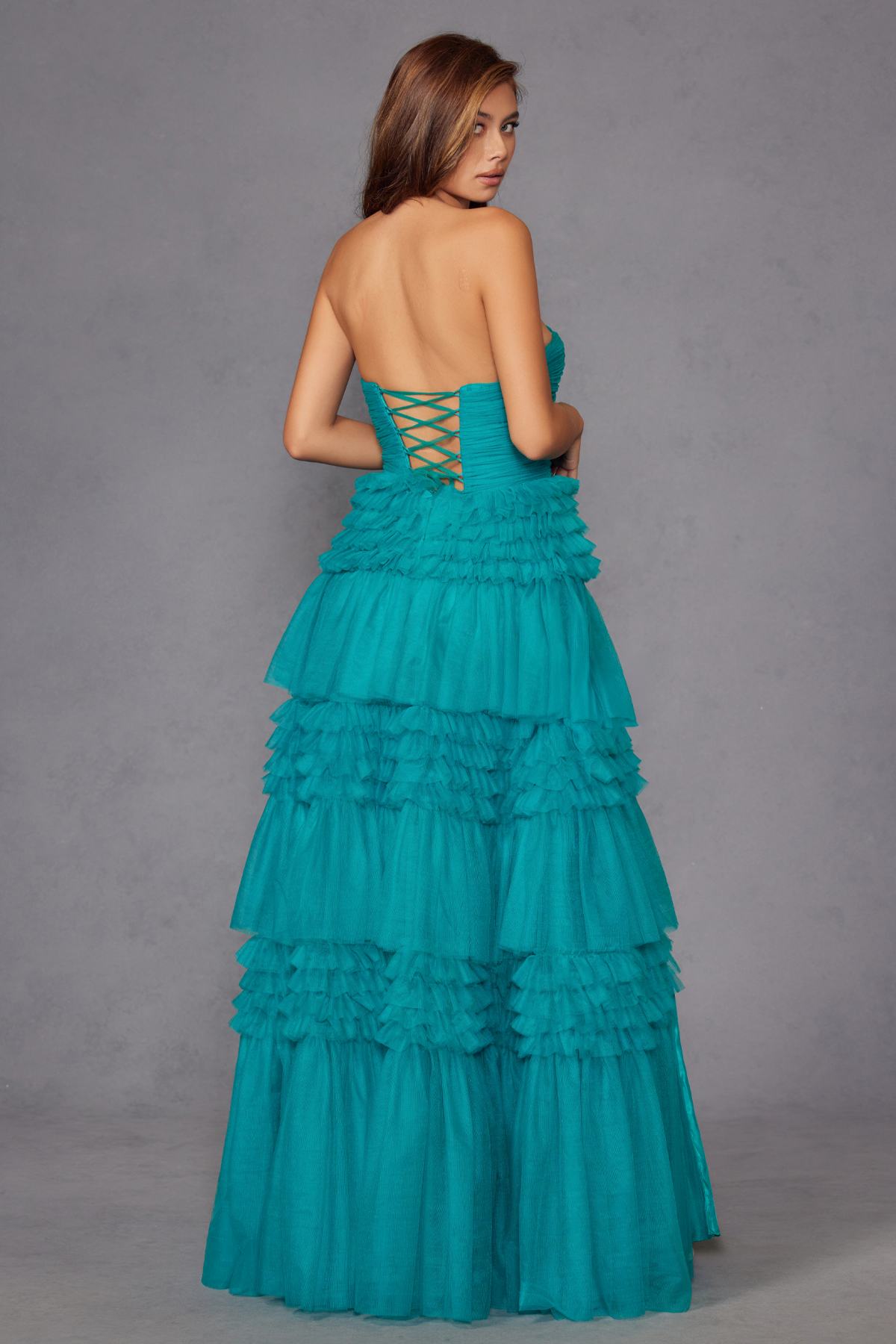 Jade strapless layered tulle A-line gown with crisscross open back