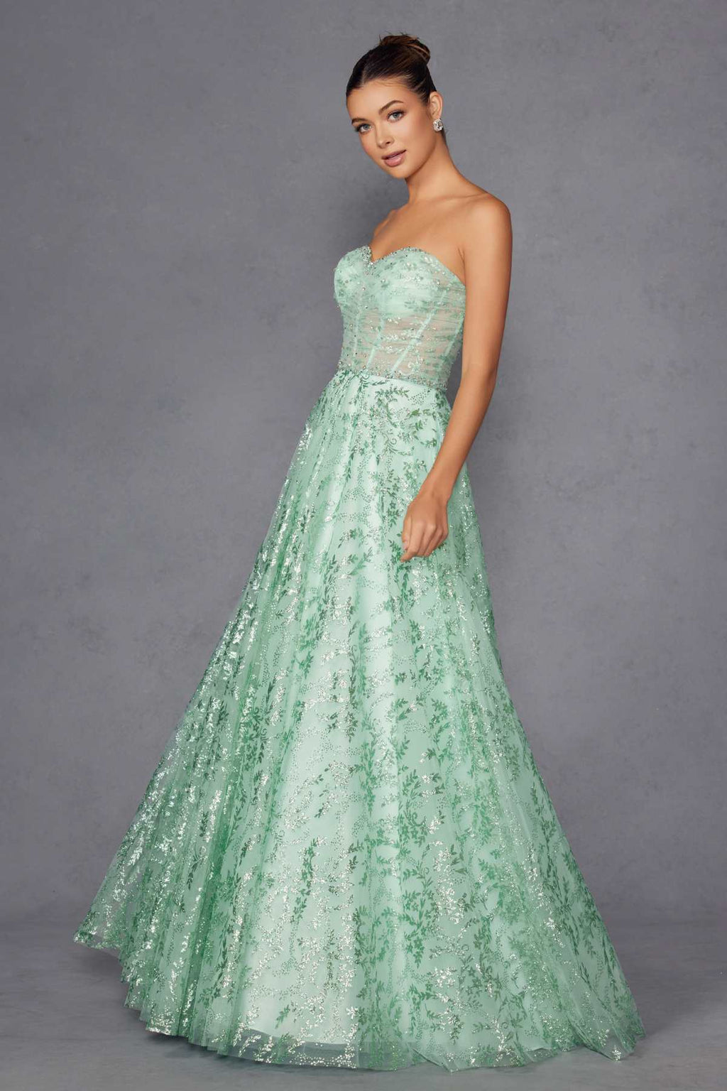 Mint green strapless sweetheart A-line lace gown with flared skirt