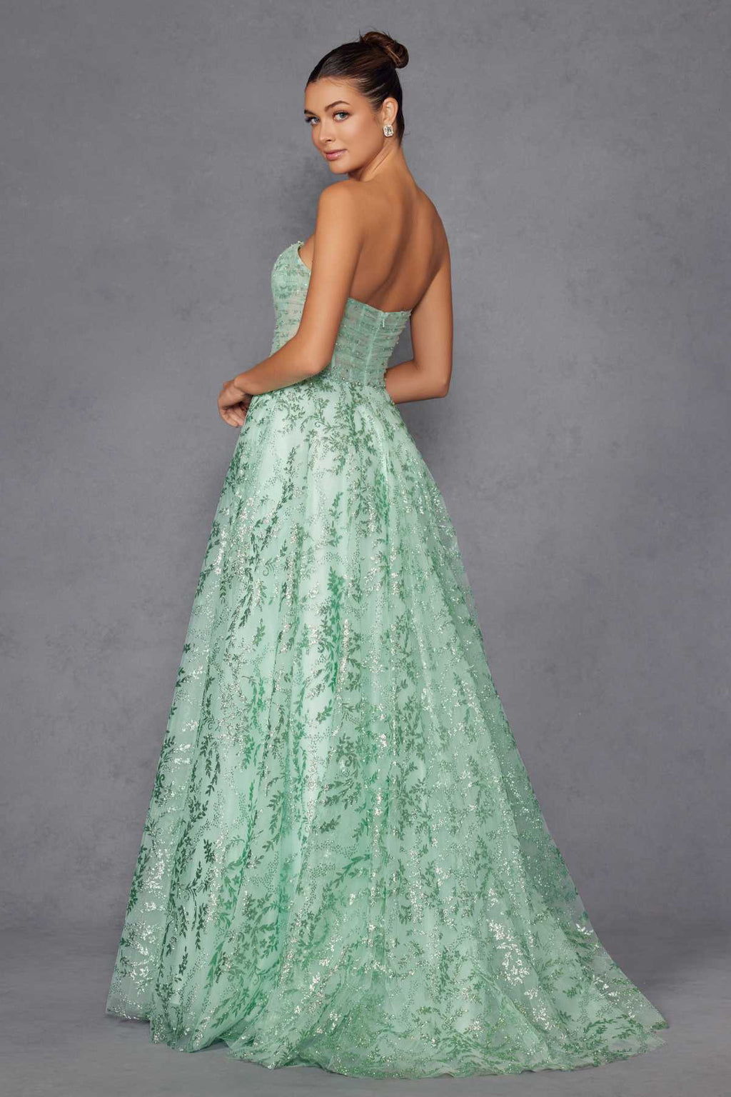 Mint green A-line lace gown from back view, strapless sweetheart neckline