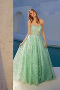 Mint green strapless sweetheart A-line gown with lace bodice and full skirt
