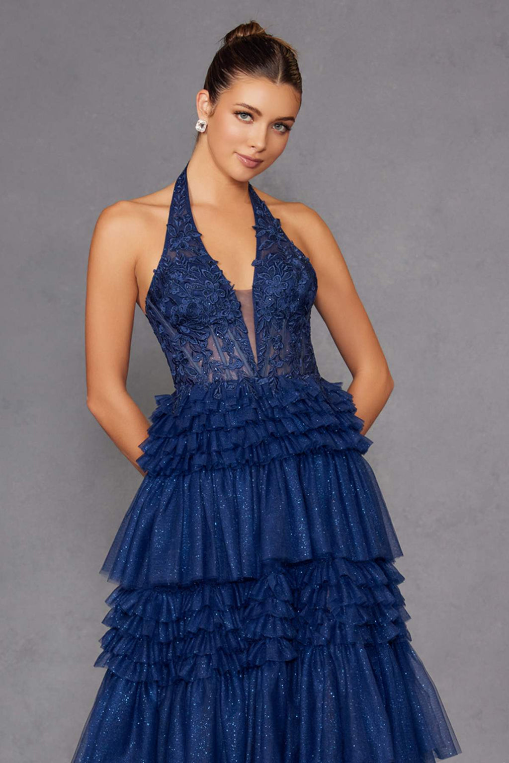 Navy blue halter V-neck layered tulle A-line gown, front close-up