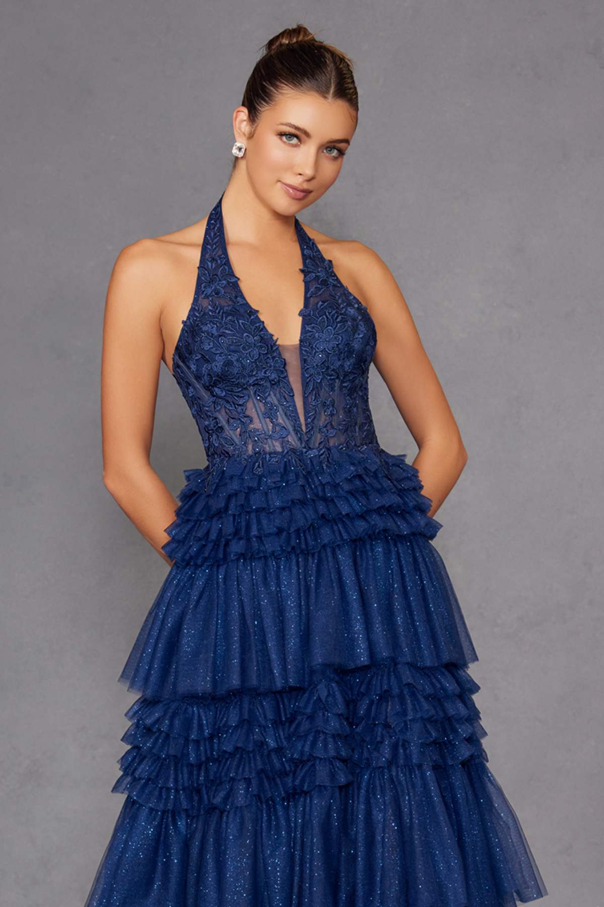 Navy blue halter V-neck layered tulle A-line gown, front close-up
