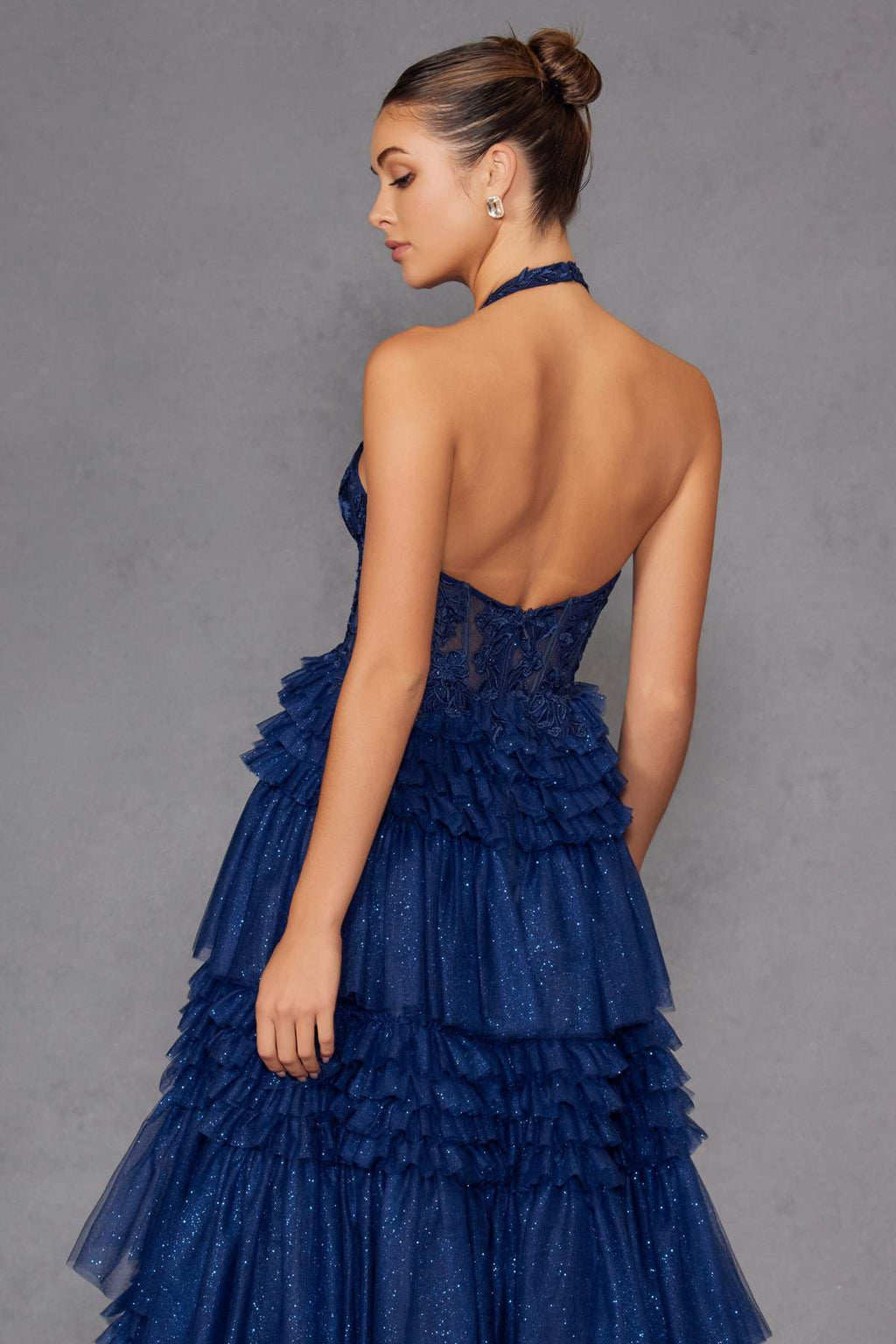 Navy blue halter V-neck layered tulle A-line gown, open back view