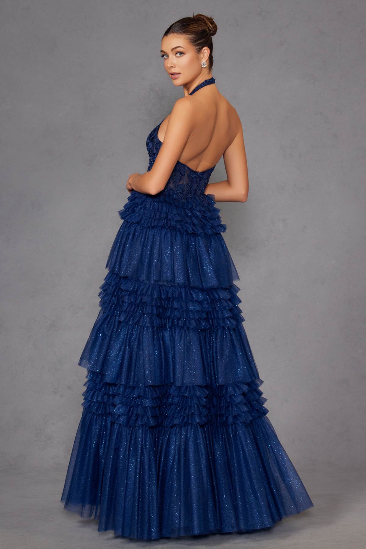 Navy blue halter V-neck layered tulle A-line gown, back and side view