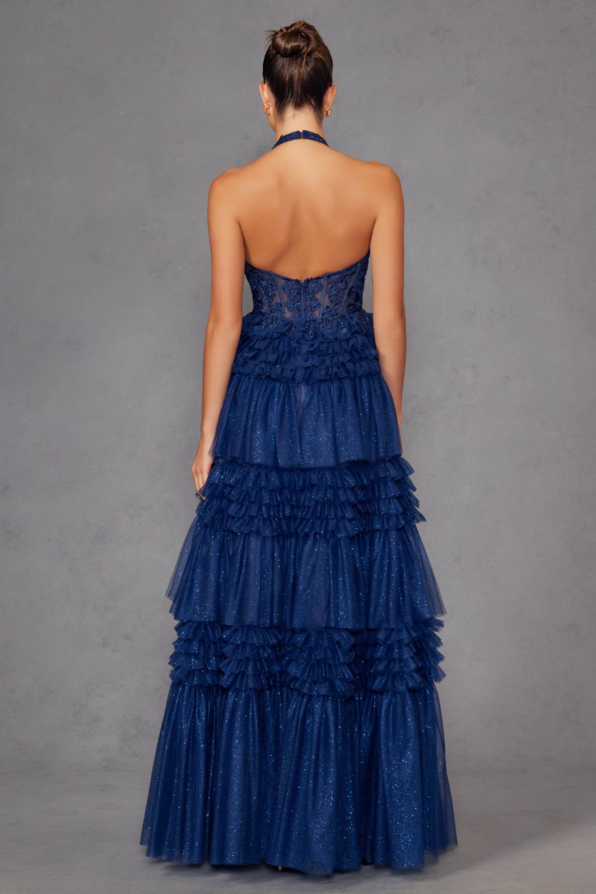 Navy blue halter V-neck layered tulle A-line gown, full back view
