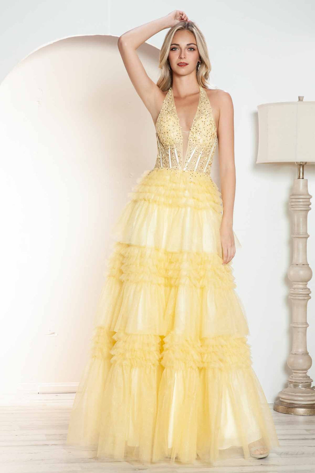 Yellow halter V-neck tiered tulle A-line gown with beaded bodice and layered skirt