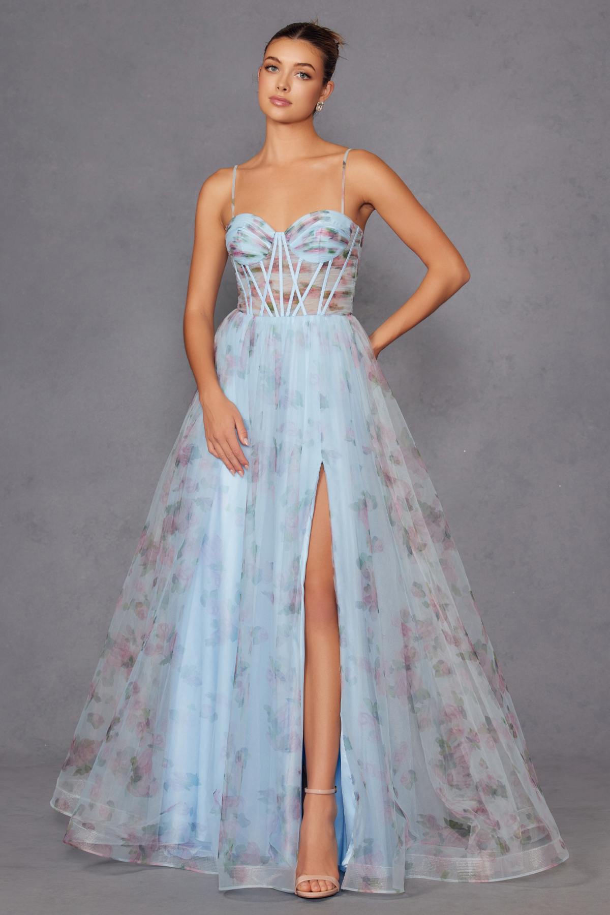 Light blue floral tulle A-line gown with corset bodice and front slit
