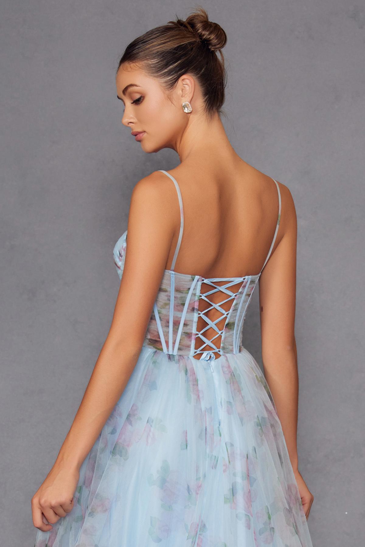 Light blue floral tulle gown with crisscross back and corset-style bodice
