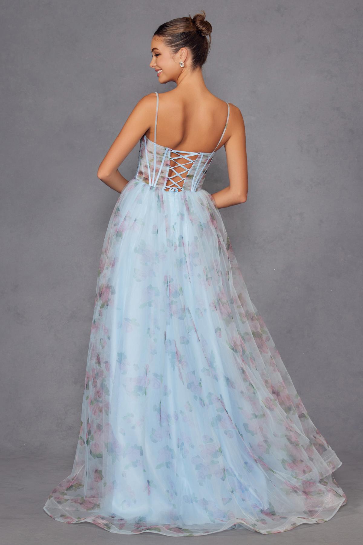 Light blue floral tulle A-line gown with open crisscross back and full skirt