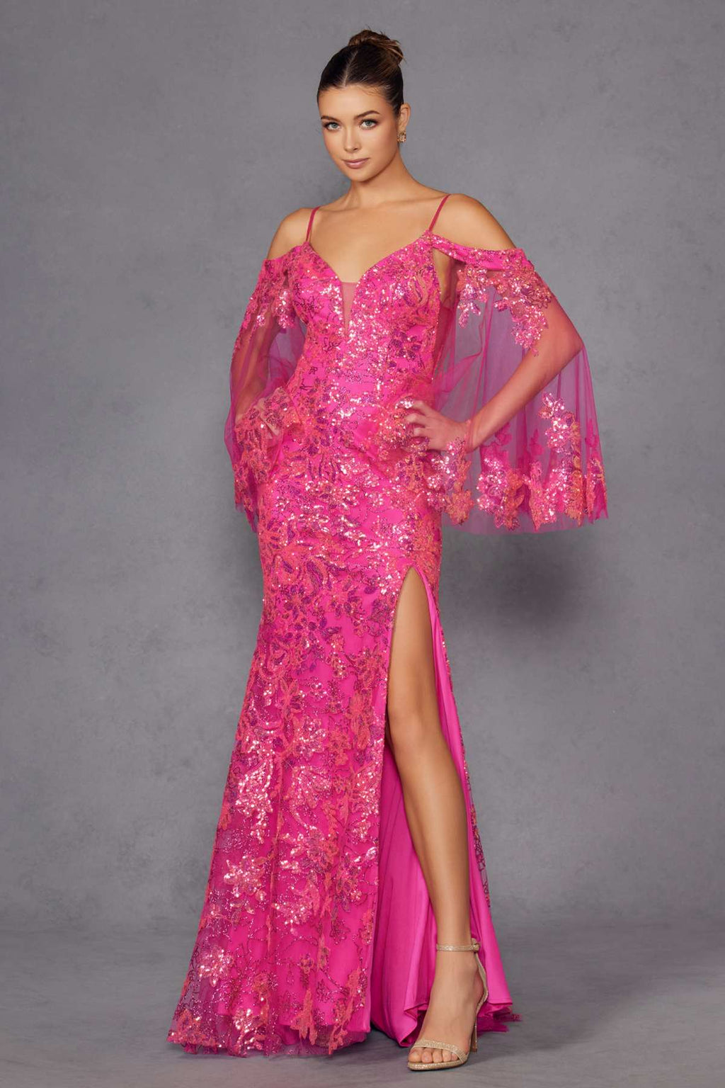 Fuchsia sequin fitted cold-shoulder gown with sheer bell sleeves and front slit