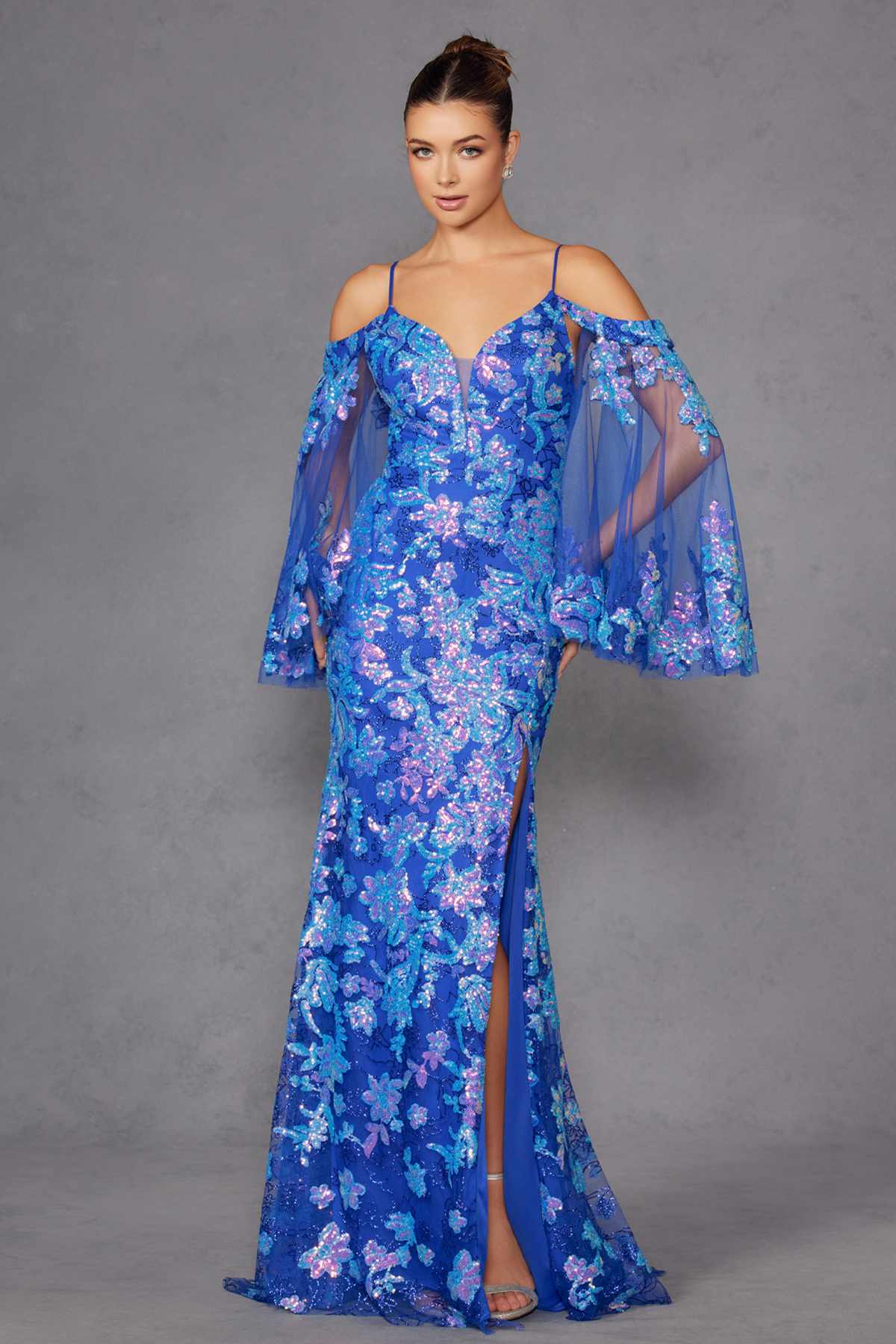 Blue sequin fitted gown with V neckline, sheer cold-shoulder sleeves, thigh slit