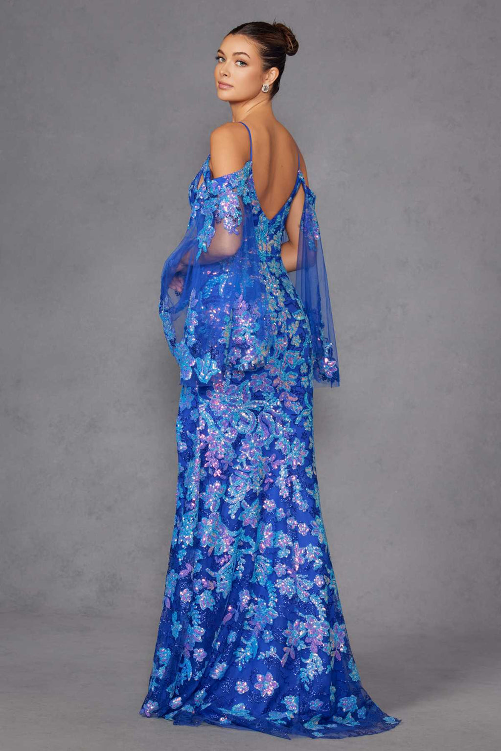 Blue sequin fitted gown with V neckline, cold-shoulder flutter sleeves, long silhouette