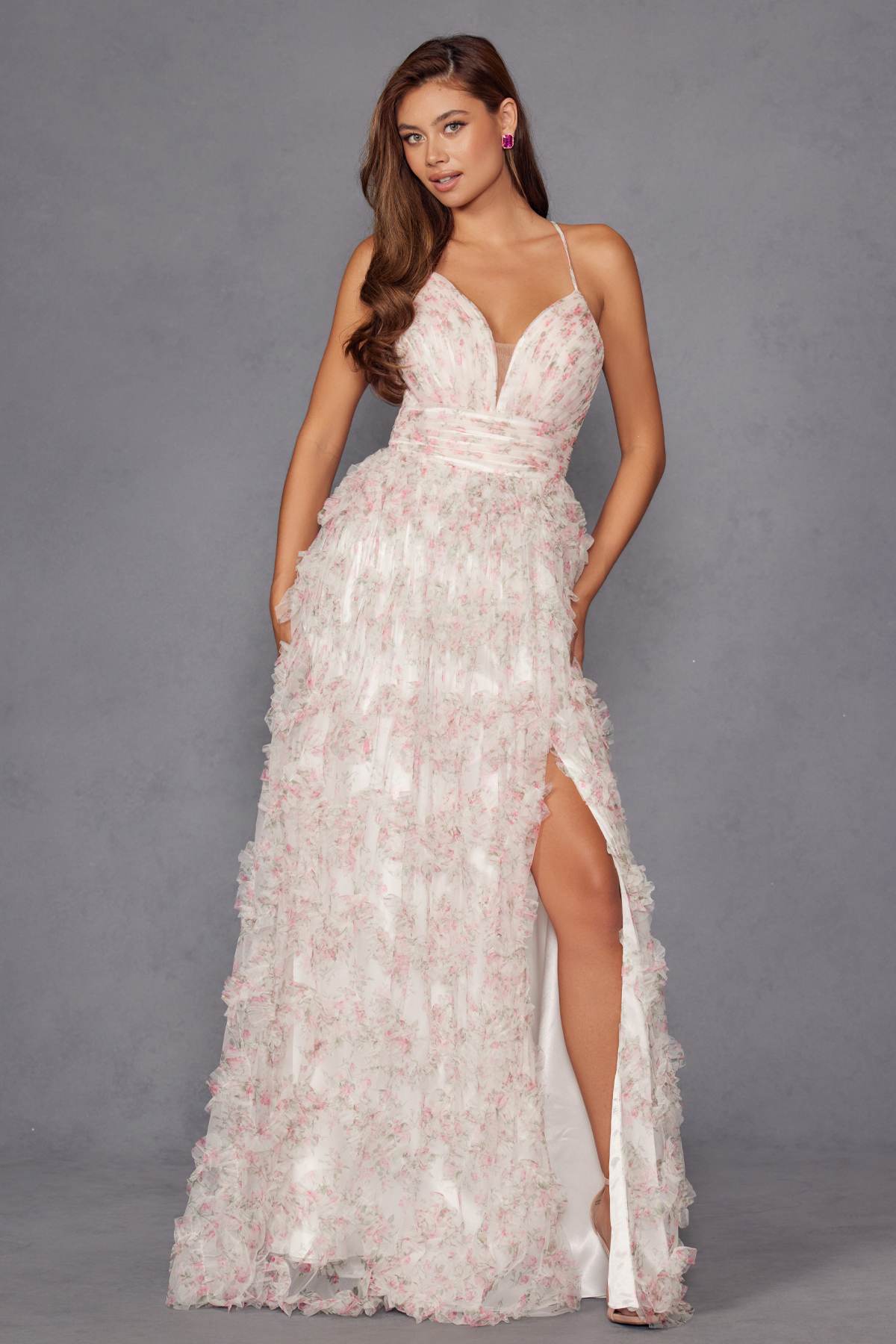 Floral print ruffled layered formal gown with slit skirt and spaghetti straps