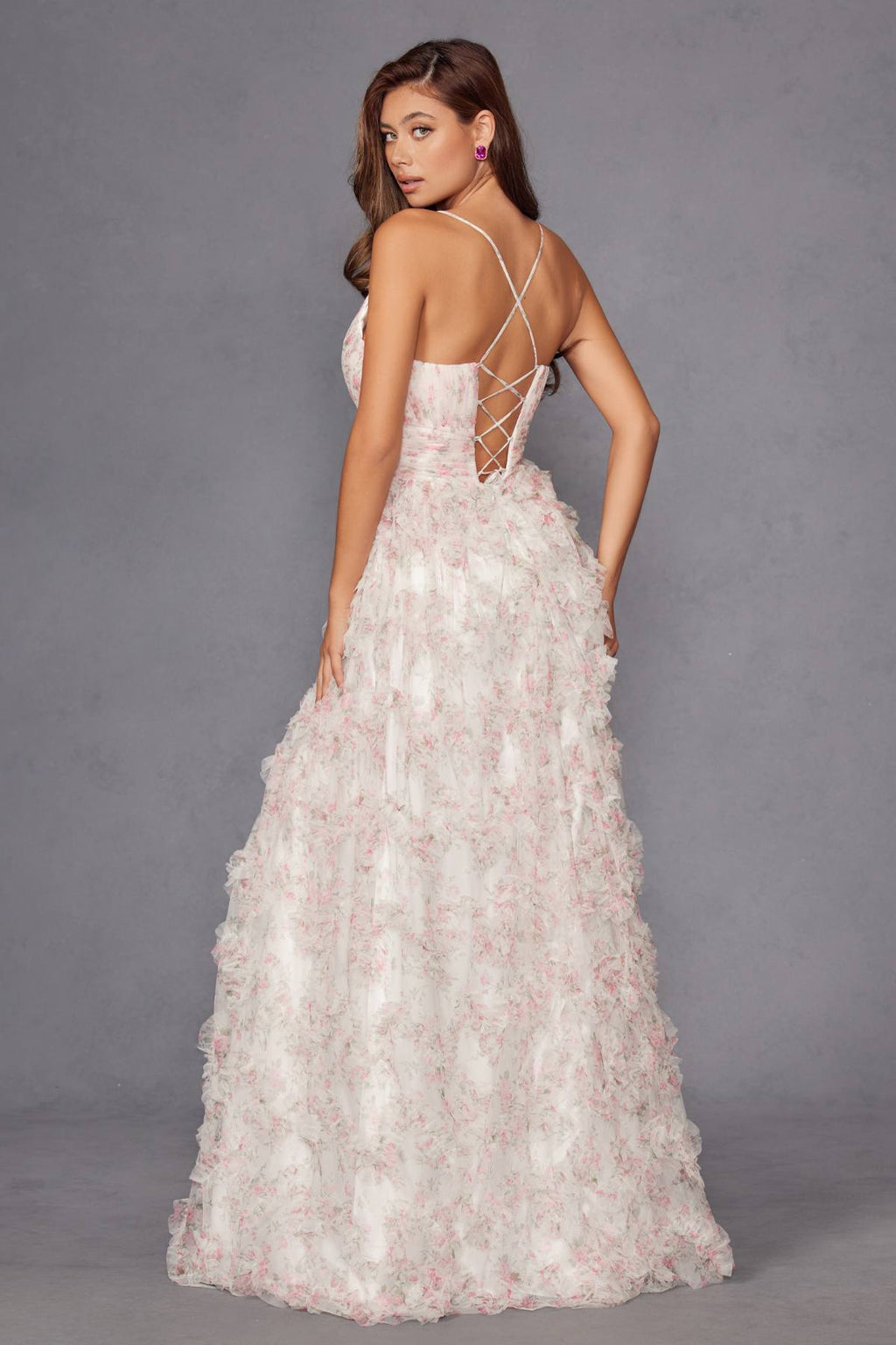 Floral print ruffled layered formal gown with crisscross open back and long skirt