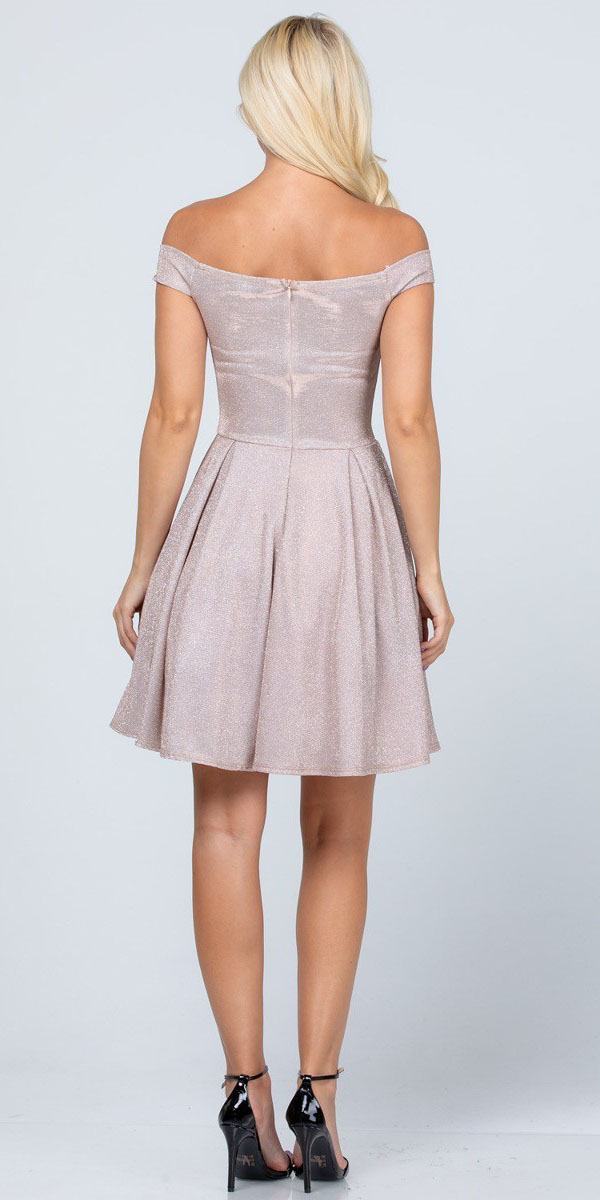 Champagne glitter off-shoulder skater dress shown from back with scoop neckline