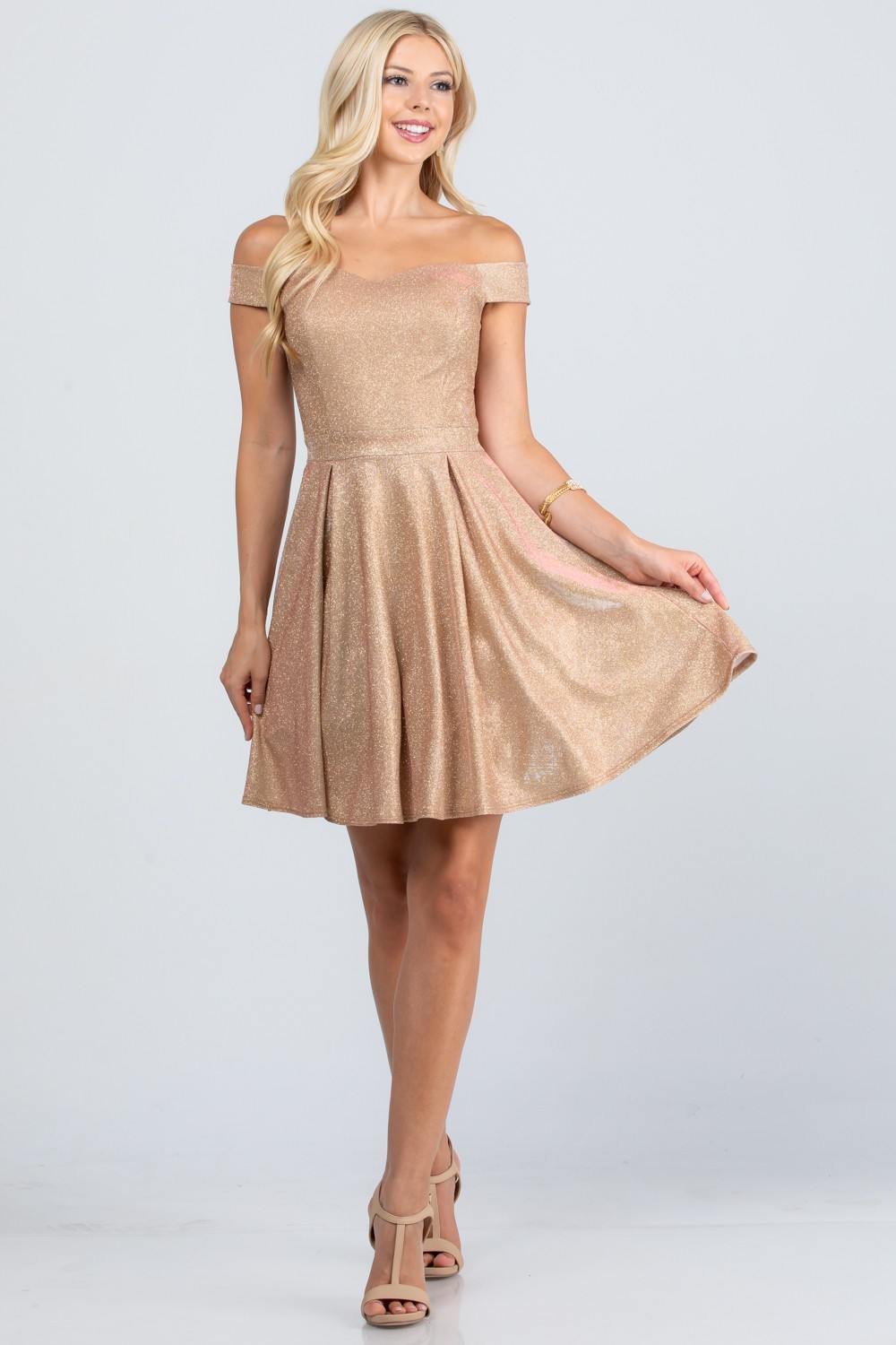 Champagne glitter off-shoulder skater dress with flared skirt and fitted waist