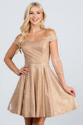 Champagne glitter off-shoulder skater dress with short sleeves and fitted bodice