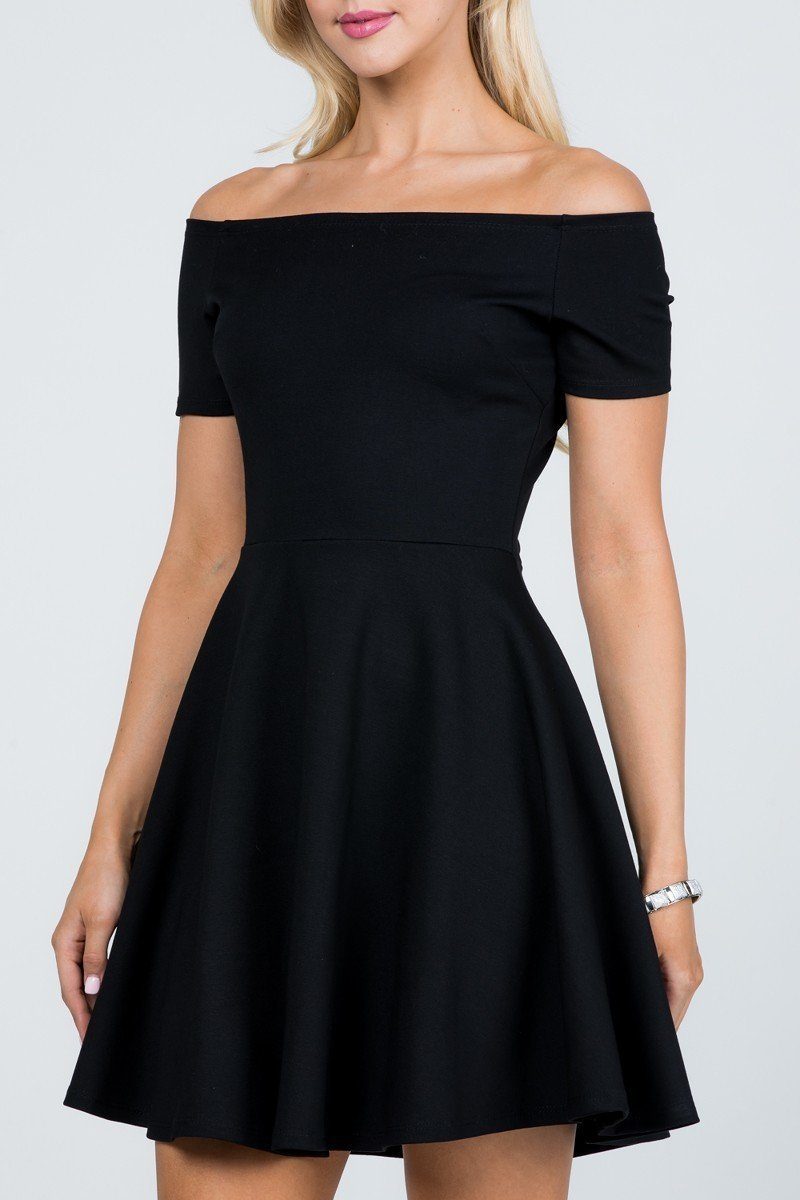 Black off-shoulder skater dress with short sleeves, fitted waist and flare