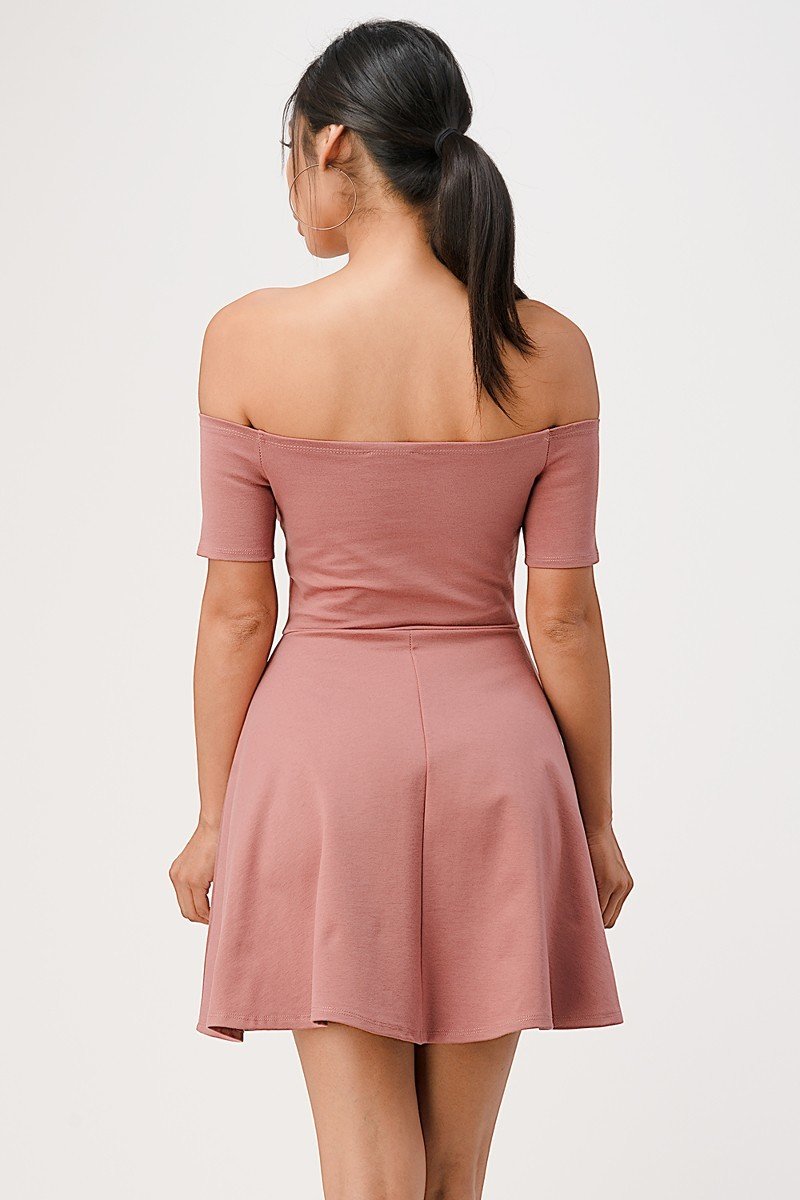 Dusty rose off-shoulder skater dress from back view, short sleeves, flared hem