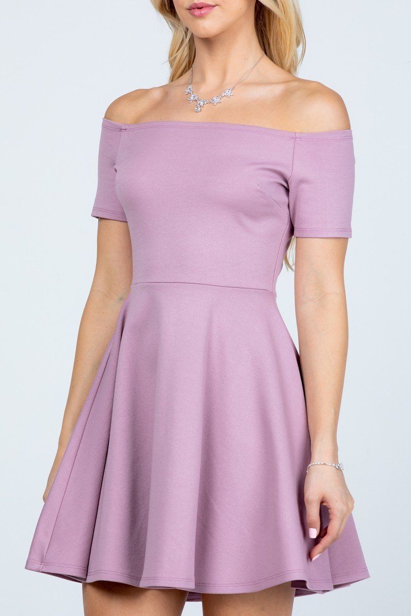 Lavender off-shoulder skater dress, short sleeves and gathered flared skirt