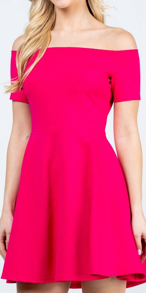Bright pink off-shoulder skater dress with short sleeves and a flared skirt