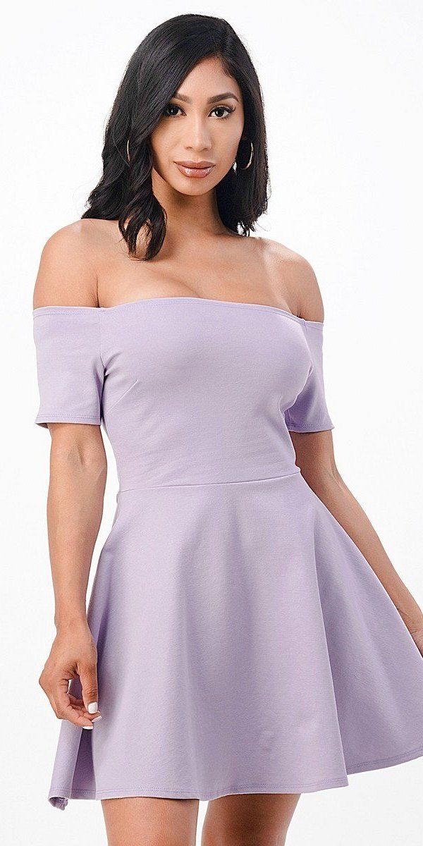 Lavender off-shoulder skater dress with short sleeves and flared skirt