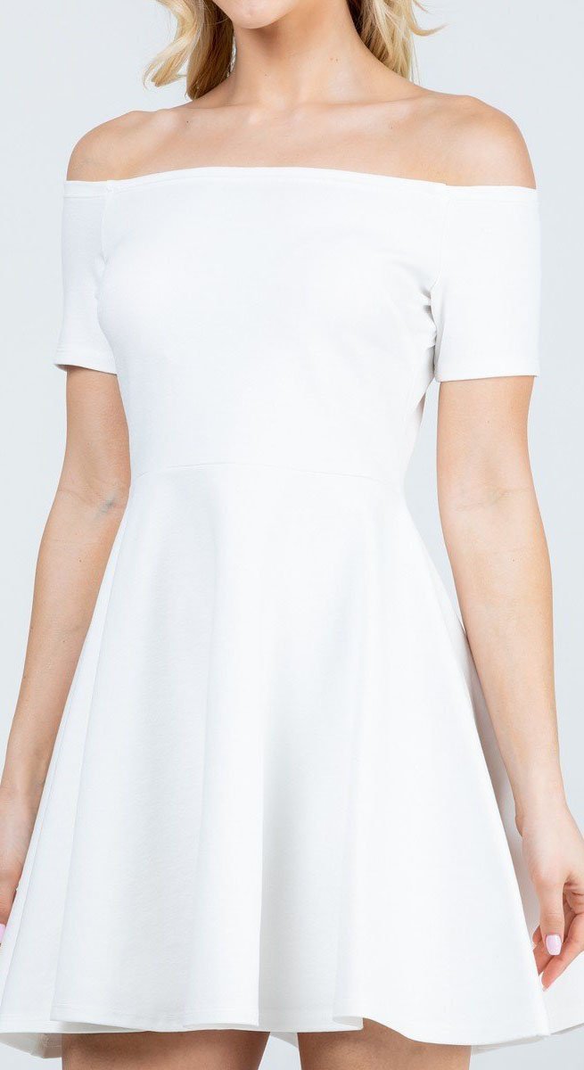 White off-shoulder skater dress with short sleeves and a flared skirt
