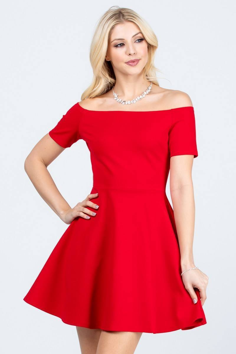 Red off-shoulder skater dress with short sleeves and fitted bodice