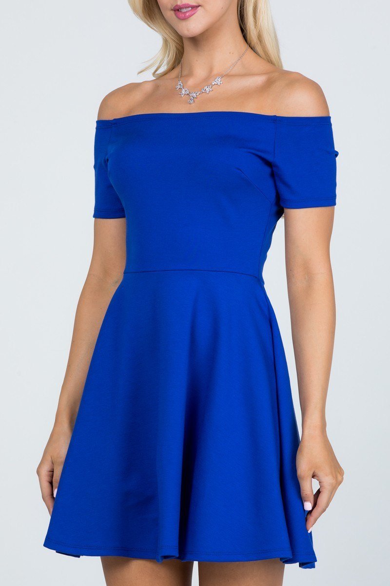 Royal blue off-shoulder skater dress with short sleeves and flared A-line skirt