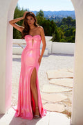 Iridescent strapless sweetheart prom gown in hot pink satin with bow front and thigh slit