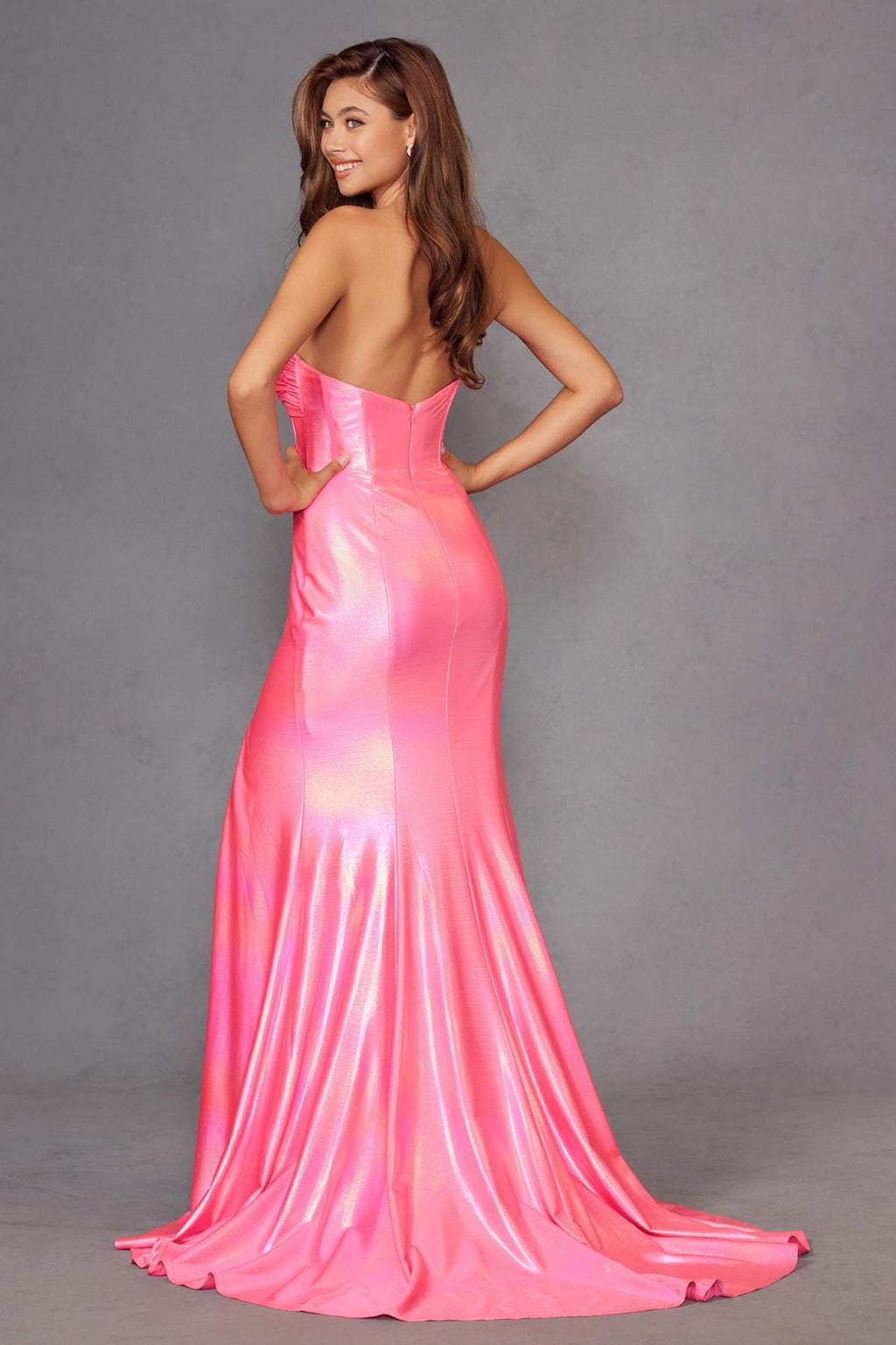 Juliet JT2579H strapless sweetheart prom gown in iridescent hot pink with flowing mermaid hem