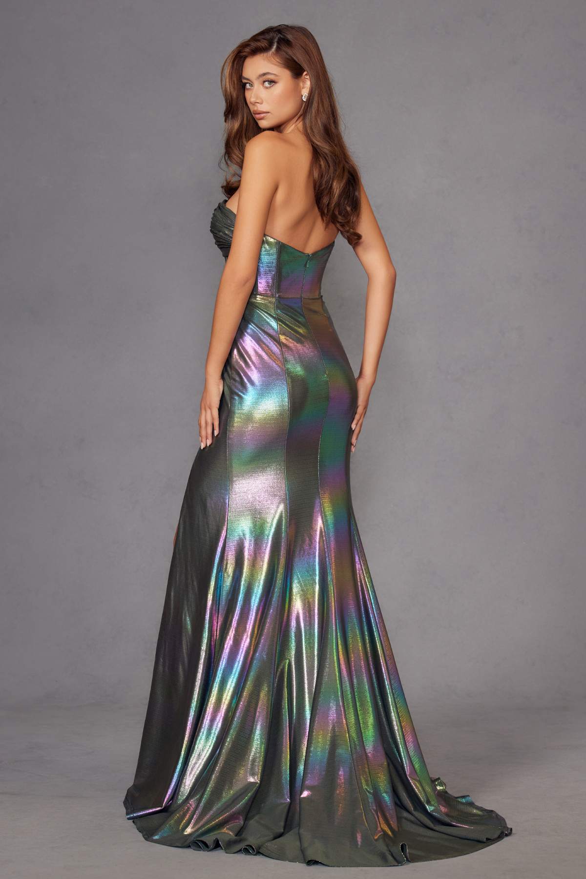 Iridescent metallic strapless sweetheart prom gown with draped bodice and floor-length skirt