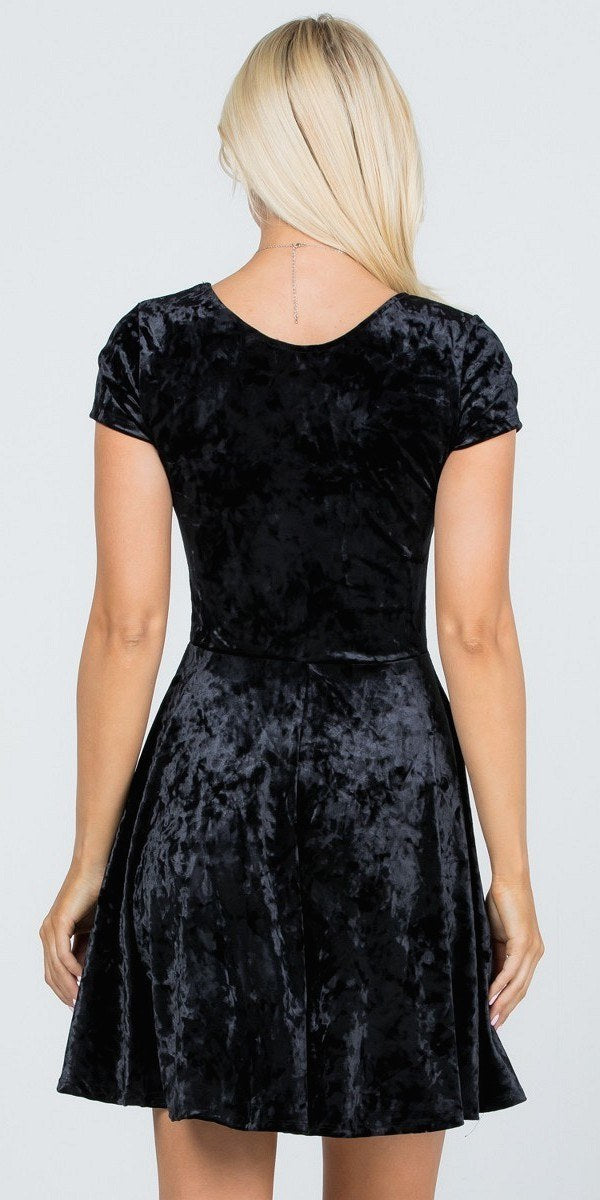 Crushed velvet skater dress, short sleeves, scoop back, black, gathered A-line skirt