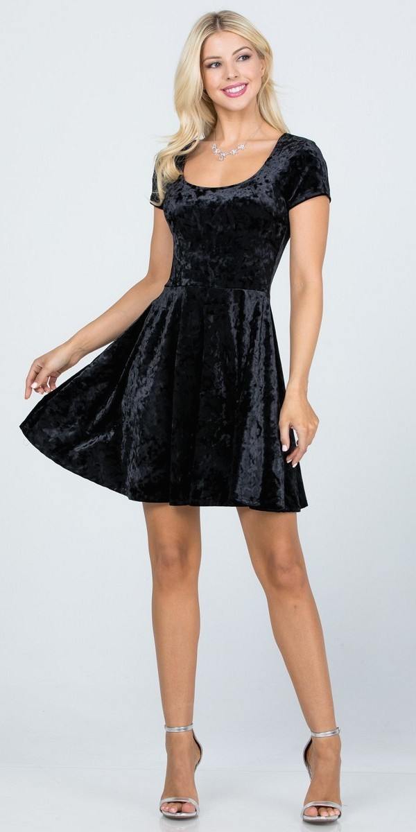 Crushed velvet skater dress, short sleeves, scoop neckline, black, flared fit-and-fare