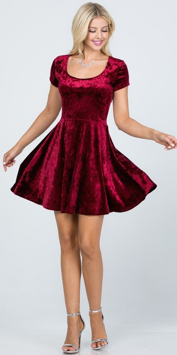 Crushed velvet skater dress, short sleeves, scoop neckline, red, skater flounce skirt