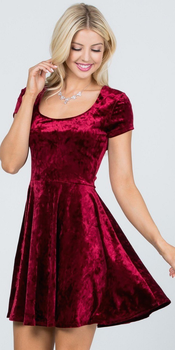 Crushed velvet skater dress, short sleeves, scoop neckline, red, A-line flared hem