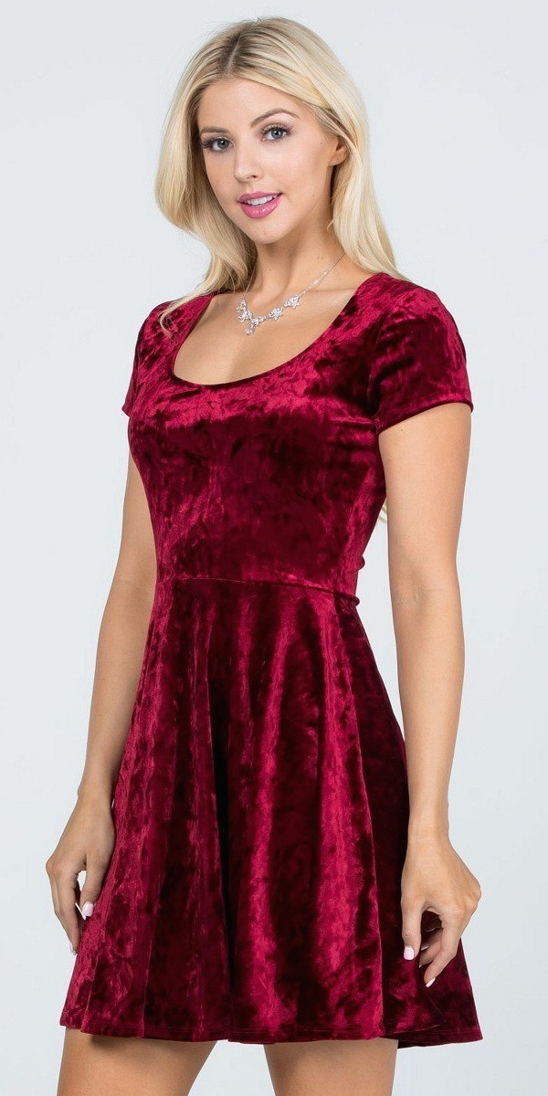 Crushed velvet skater dress, short sleeves, scoop neckline, red, flared gathered skirt